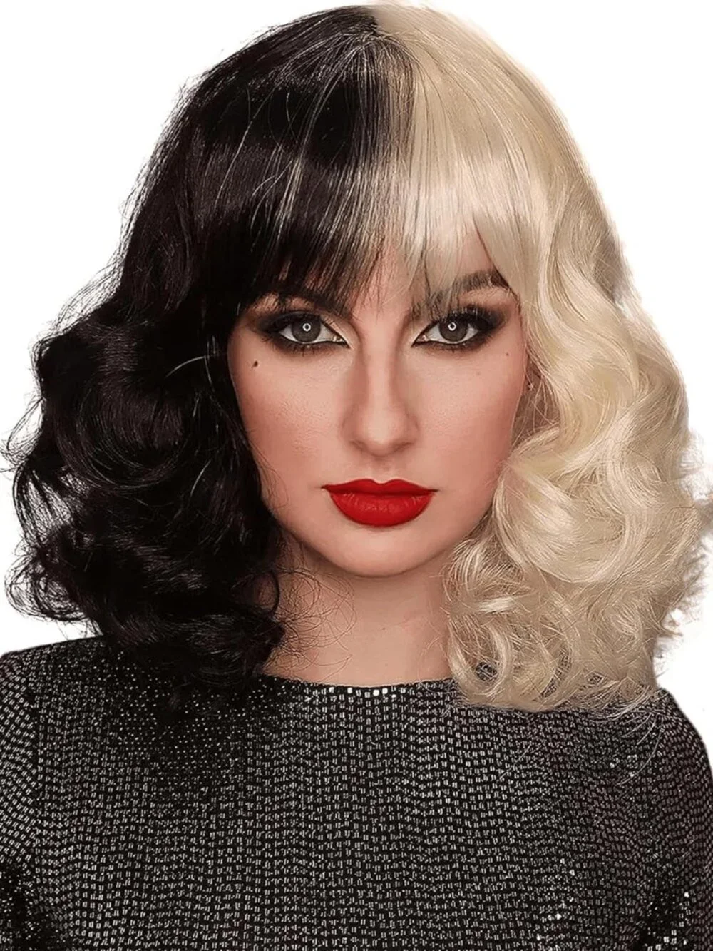 Women's Black White 10 Inch Heat Resistant Realistic Disco Long Curly Hair Wigs